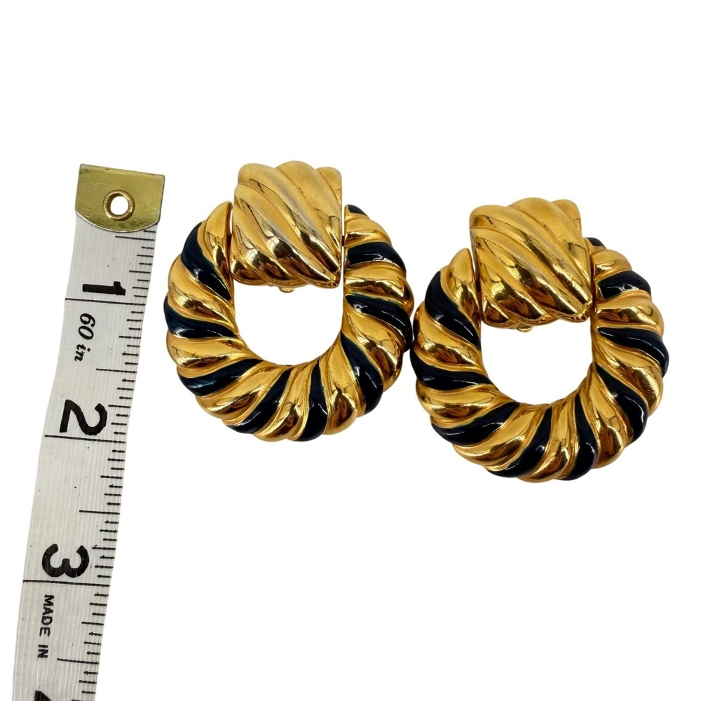 Vintage Gold Navy Blue Enamel Twisted Door Knocker Clip On Statement Earrings - Picture 4 of 5
